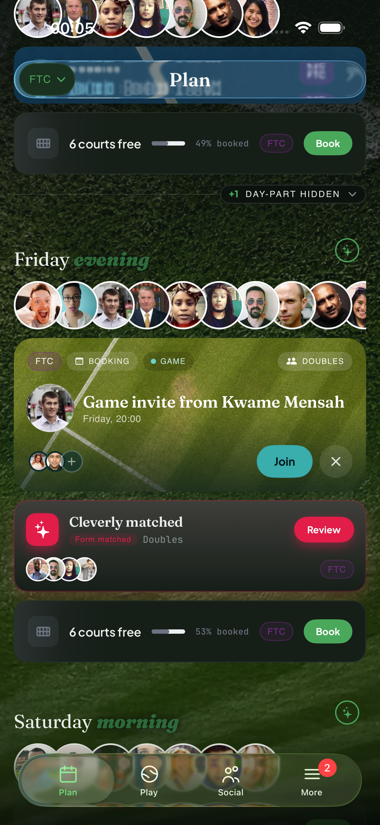 Courting's Plan feed with a game invite and court availability for the weekend